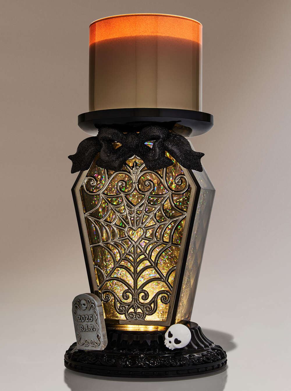 Light-Up Coffin Waterglobe 3-Wick Candle Holder