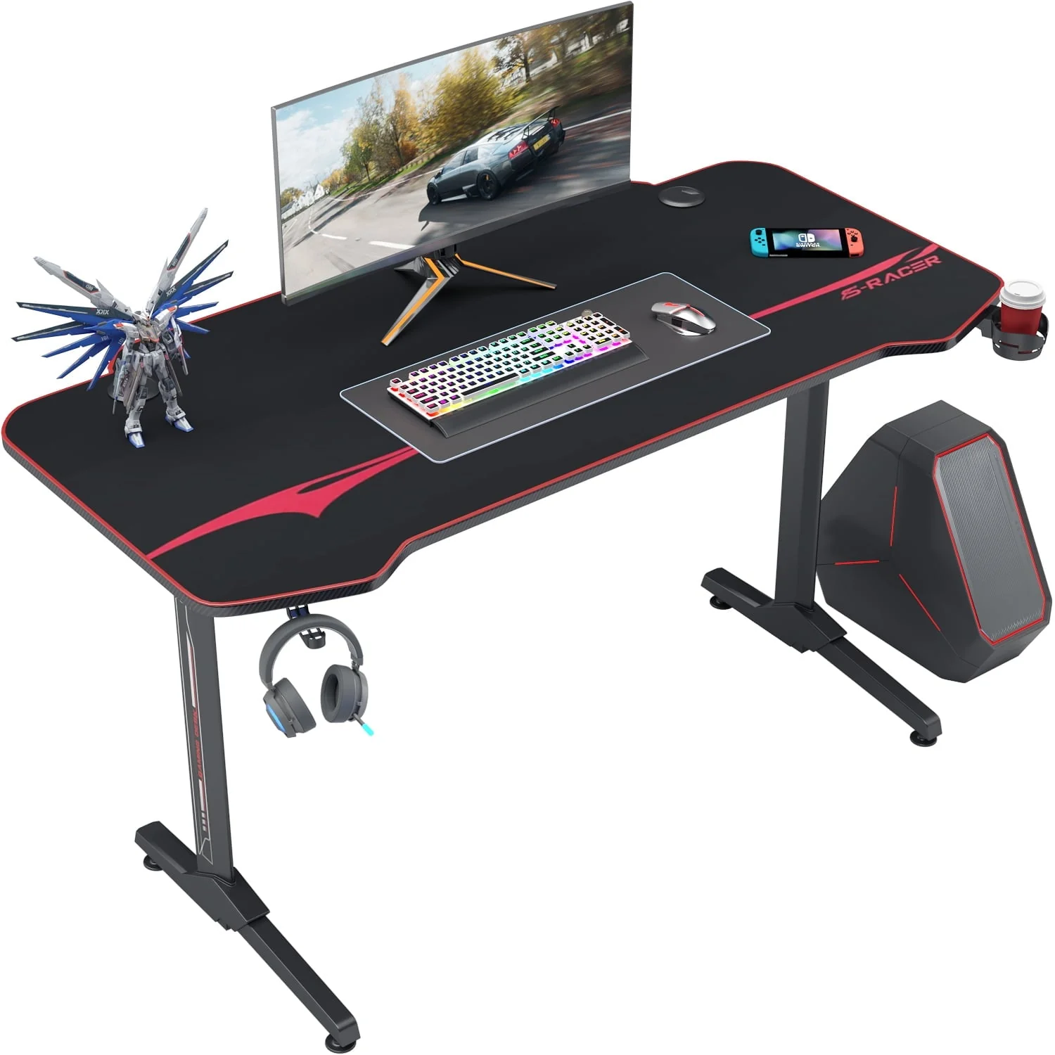 Homall 43 inch T-Shaped Legs Computer Gaming Desk Carbon Fiber Surface Gaming Desk with Cup Holder & Headphone Hook, Black