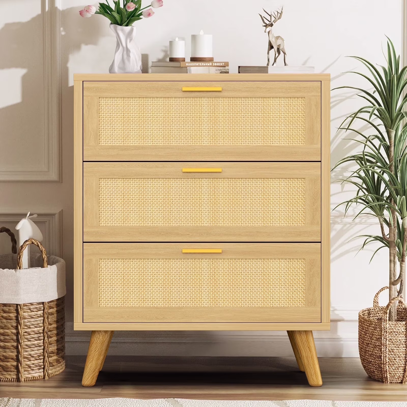 Capri 3 Drawer Dresser, Rattan Storage Wide Chest of Drawers, Night Stand Storage Cabinet for Women, Kids, Baby, Nursery, Girls, Bedroom Living Room Furniture, Natural