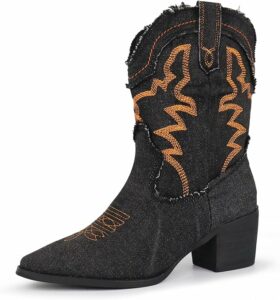 Black Embroidered Stitched Cowgirl Boots CI45
