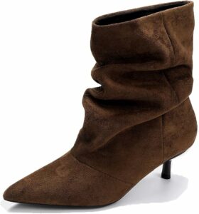 Brown Suede Kitten Heel Slouchy Ankle Boots CI4