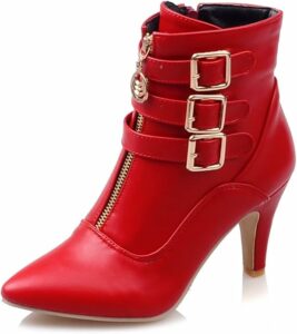 Buckle Red High Heeled Ankle Metallic Boots CI11