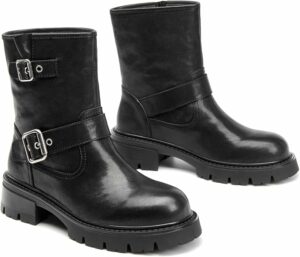 Chunky Low Heel Leather Ankle Boots CI15