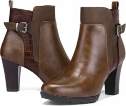 Brown Chunky Stacked Heel Office Boots CI34