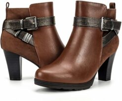 Brown Pu Buckle Chunky Heel Office Boots CI32