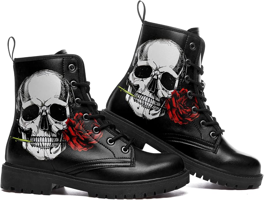 Combat Lace-Up Skull Rose Gothic Boot CI49 - Image 2