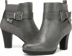 Grey Buckle Chunky Heel Office Boots CI31